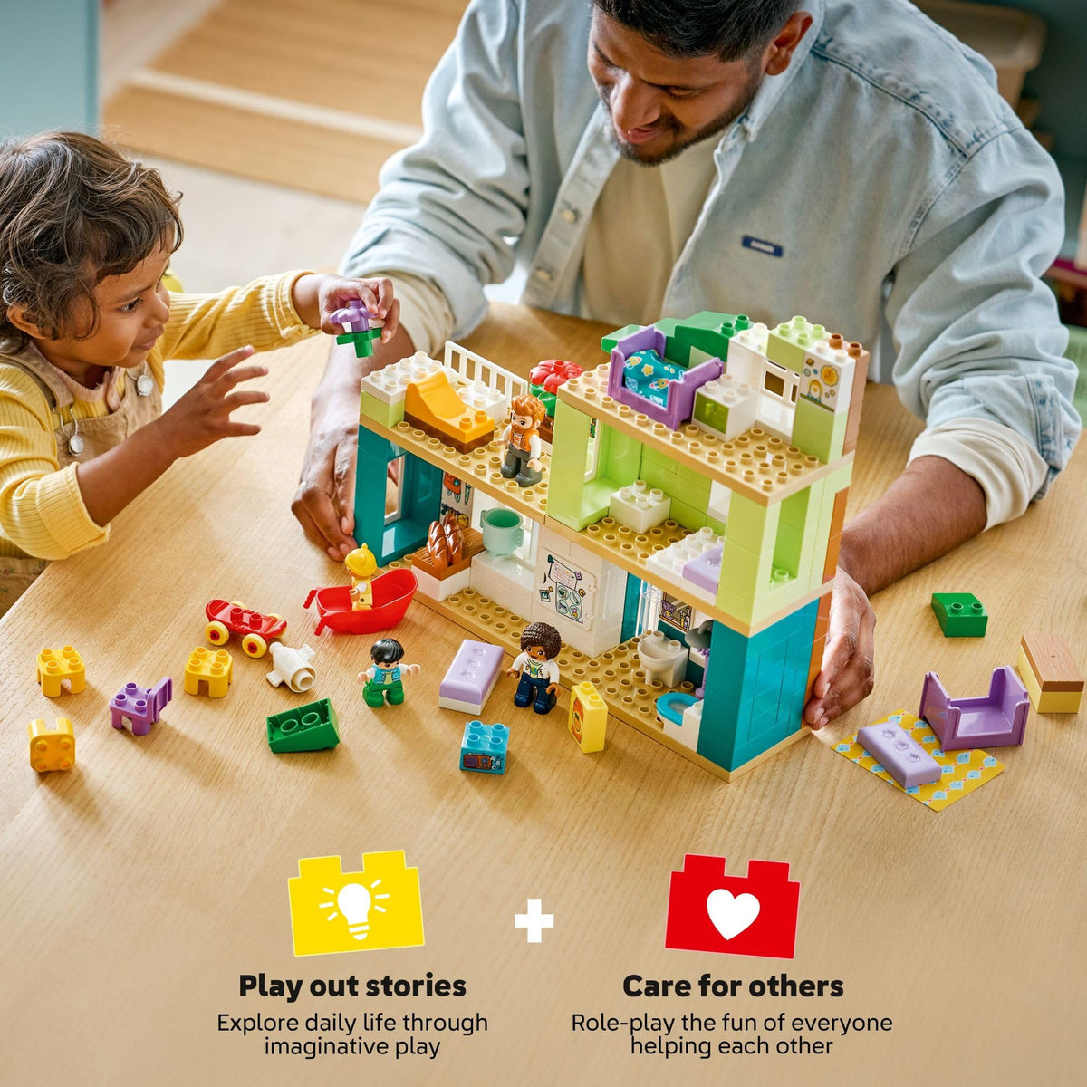 LEGO DUPLO 3-in-1 Modern Family House 3-story design with roof garden sparks interactive play.
