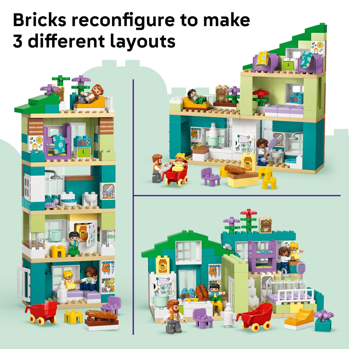 LEGO DUPLO 3-in-1 Modern Family House kitchen and bathroom features enable everyday play.