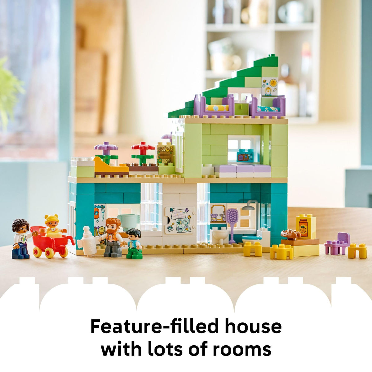LEGO DUPLO 3-in-1 Modern Family House with figures supports role-playing family routines.