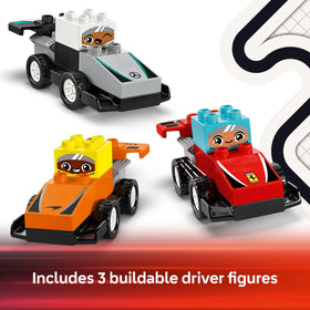 LEGO DUPLO F1 playset supports cooperative storytelling and imaginative play.