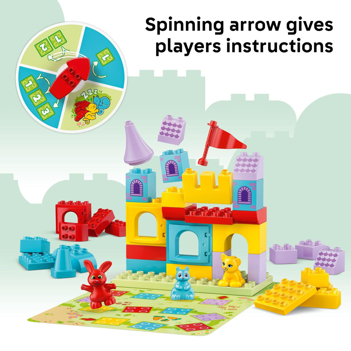 LEGO DUPLO Hopsy's Castle Game tower pieces support early counting and balance.