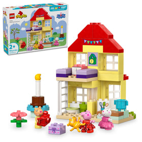 LEGO DUPLO Peppa Pig Birthday House front view showcases a colorful party-ready entrance for toddlers.