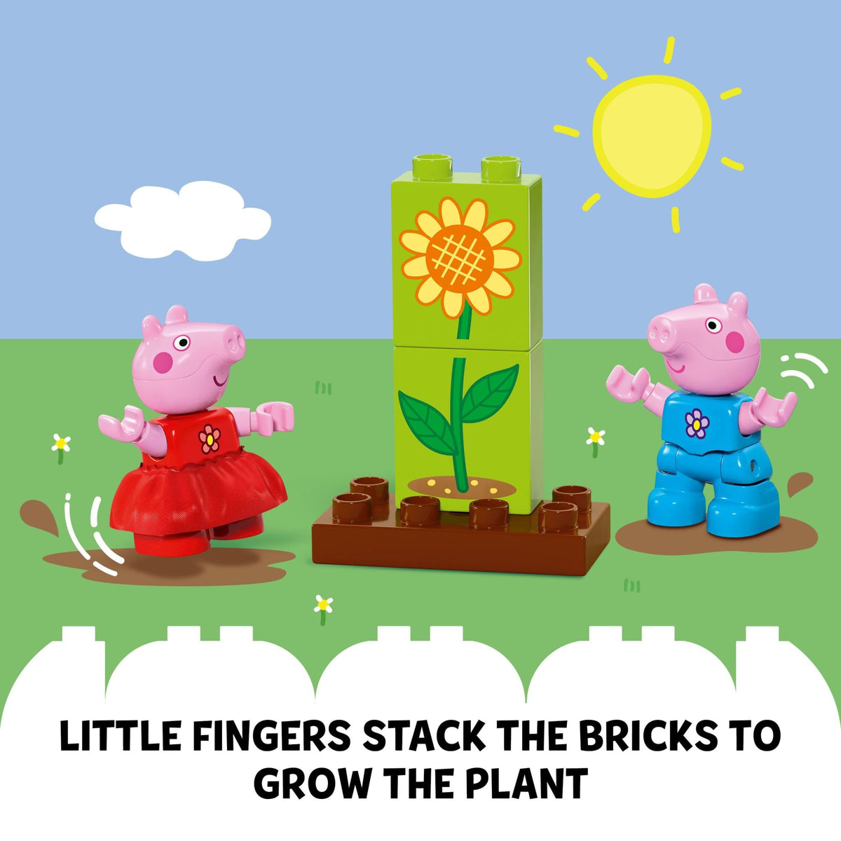 Peppa and George figures join garden adventures and storytelling scenes.