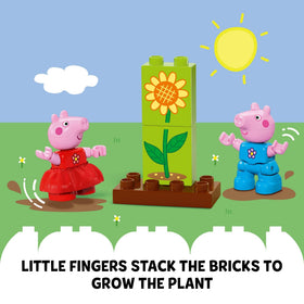 Peppa and George figures join garden adventures and storytelling scenes.
