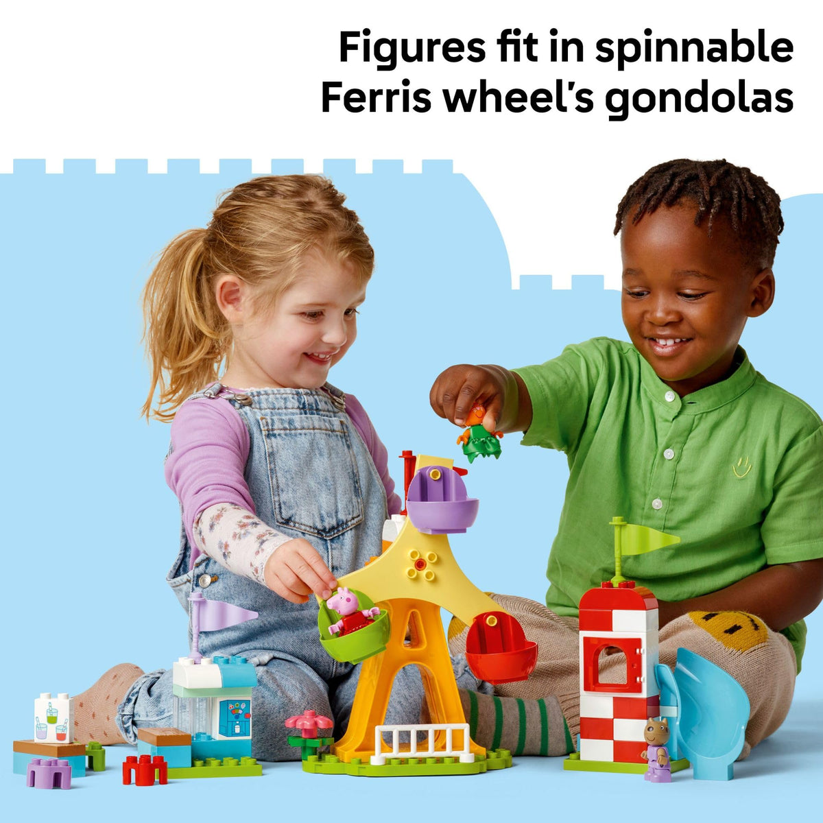LEGO DUPLO Peppa Pig Funfair interactive features foster problem-solving during play.
