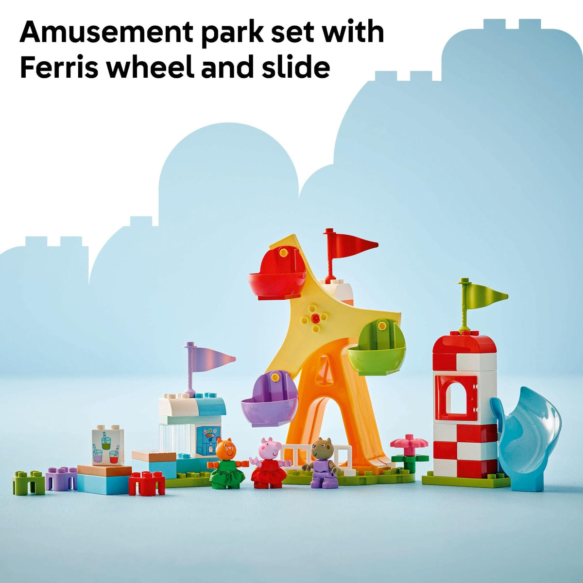 LEGO DUPLO Peppa Pig Funfair figures include Peppa, Danny Dog and Candy Cat for story-based play.