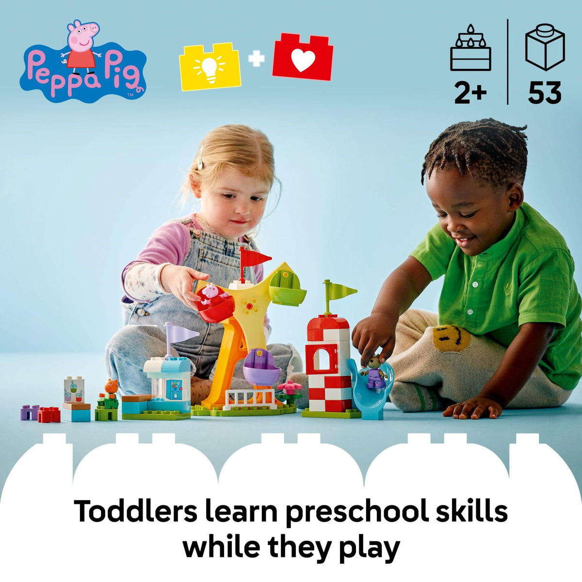 LEGO DUPLO Peppa Pig Funfair slide supports engaging pretend play and hand-eye coordination.