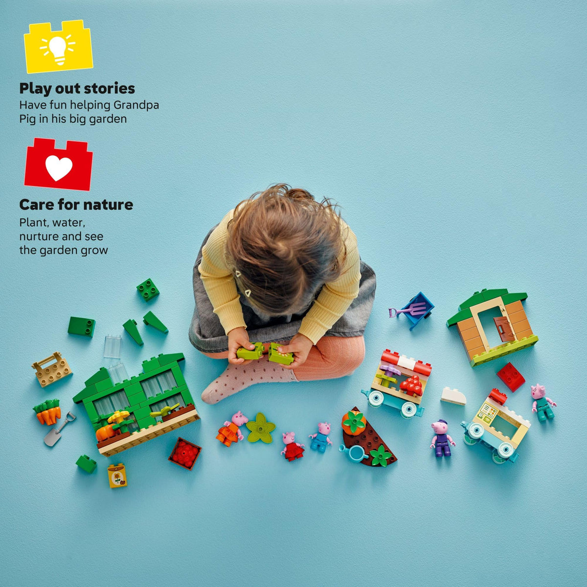 LEGO DUPLO shed with tools—realistic garden setup for pretend tasks