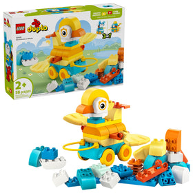 LEGO DUPLO Town 3-in-1 Animals on Wheels duck on wheels boosts active play and fine motor skills.