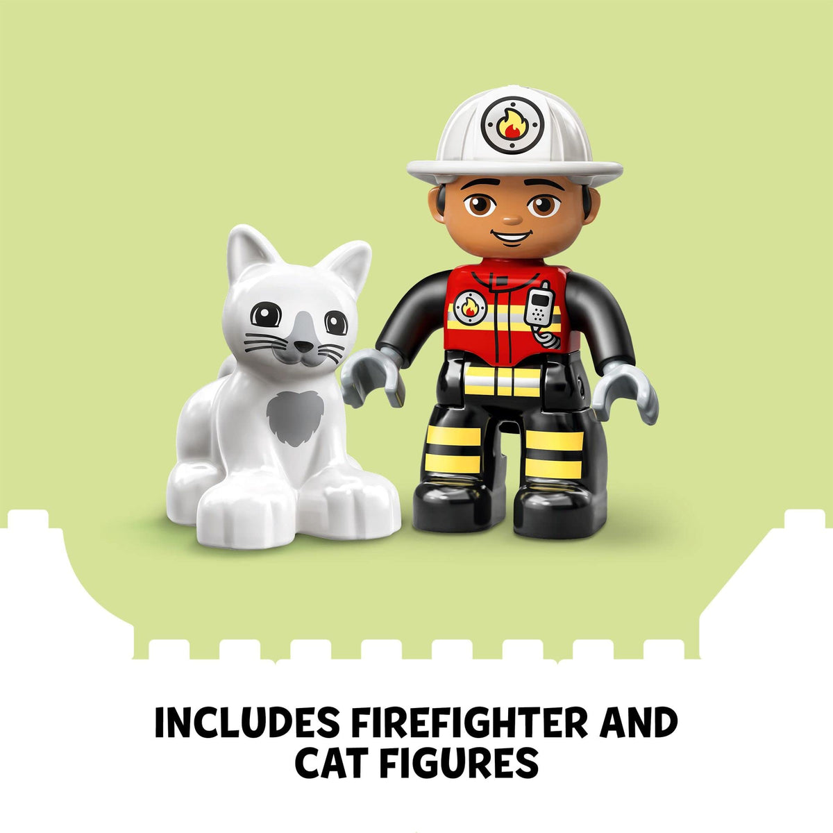 LEGO DUPLO Rescue Fire Engine 10969 cat rescue scene encourages storytelling and social play.