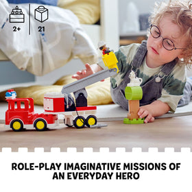 LEGO DUPLO Rescue Fire Engine 10969 ladder-raise action enhances fine motor coordination.