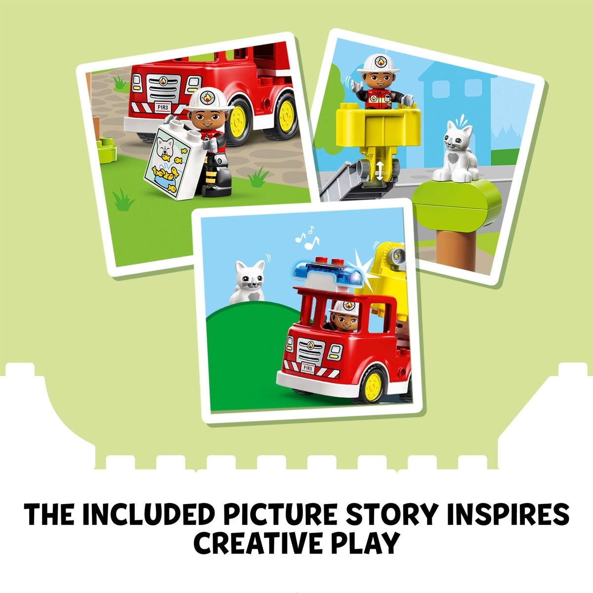 LEGO DUPLO Rescue Fire Engine 10969 tree rescue with cat supports imaginative scenarios.