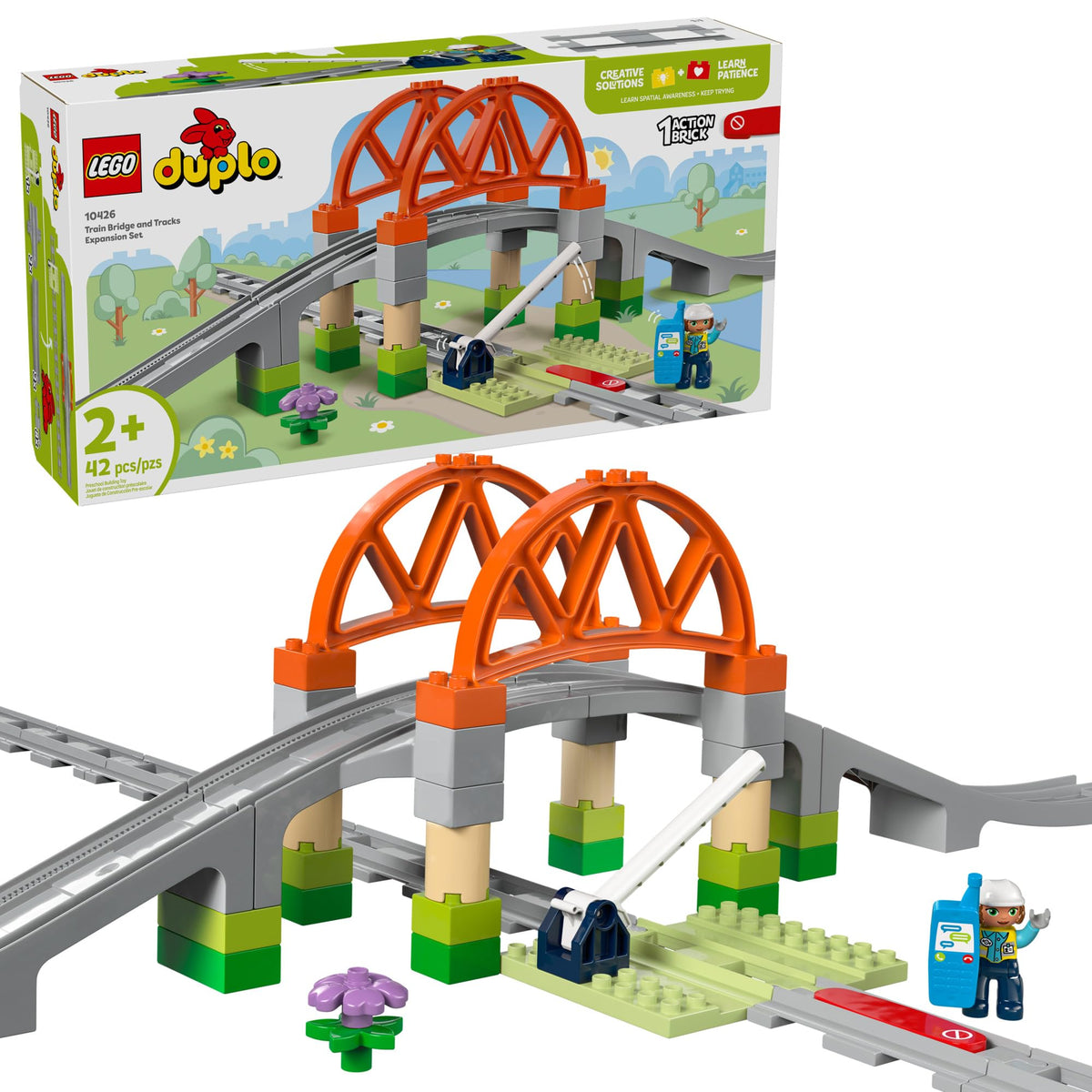 LEGO DUPLO Town train bridge with 8 track pieces encourages imaginative play and early building skills.