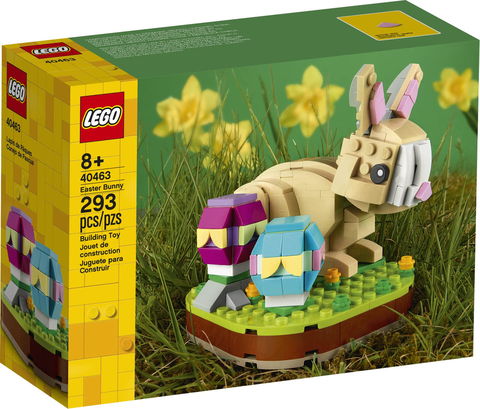 LEGO Easter Bunny 40463 in a bright meadow with customizable eggs for festive display.