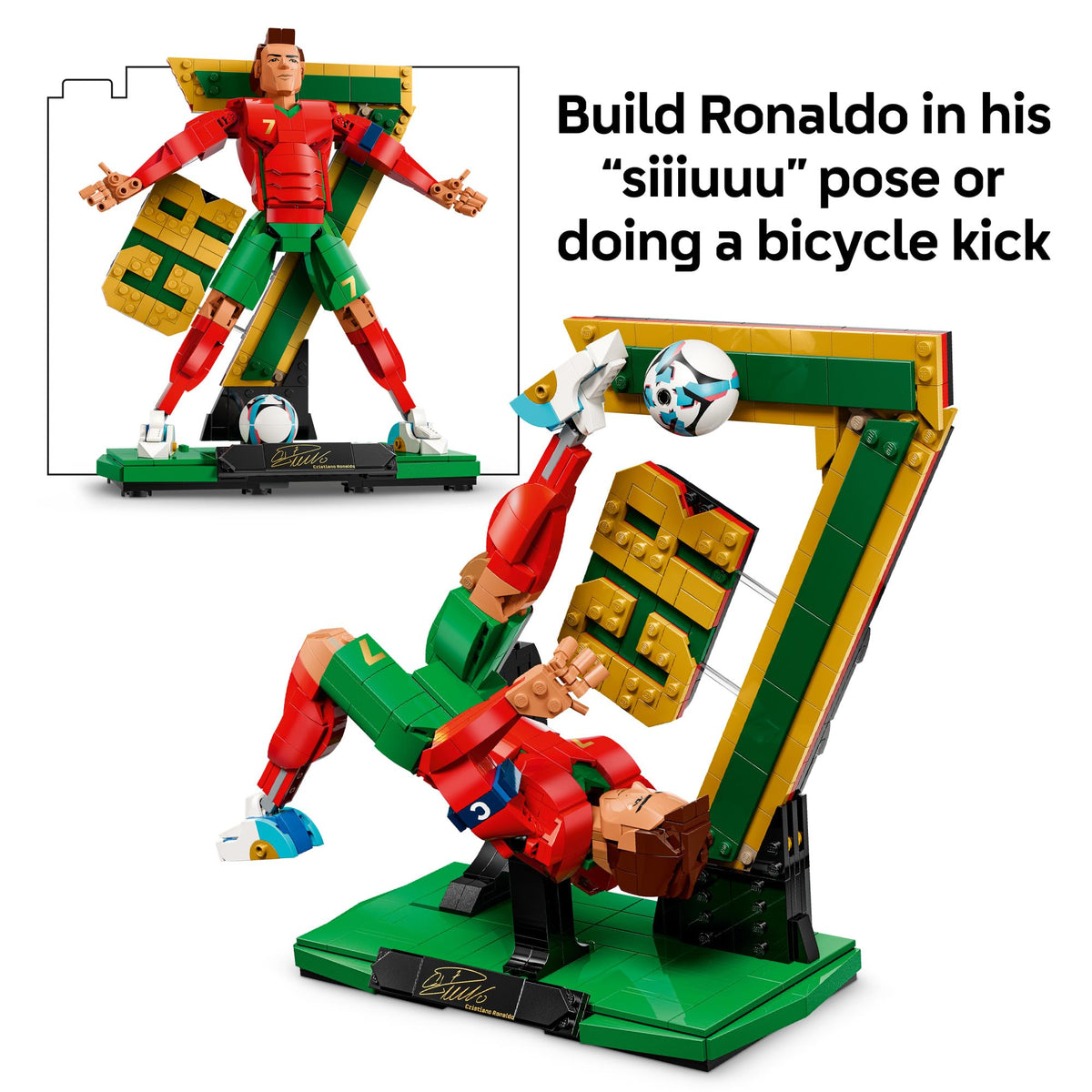 LEGO Cristiano Ronaldo bicycle kick pose figure for dramatic display