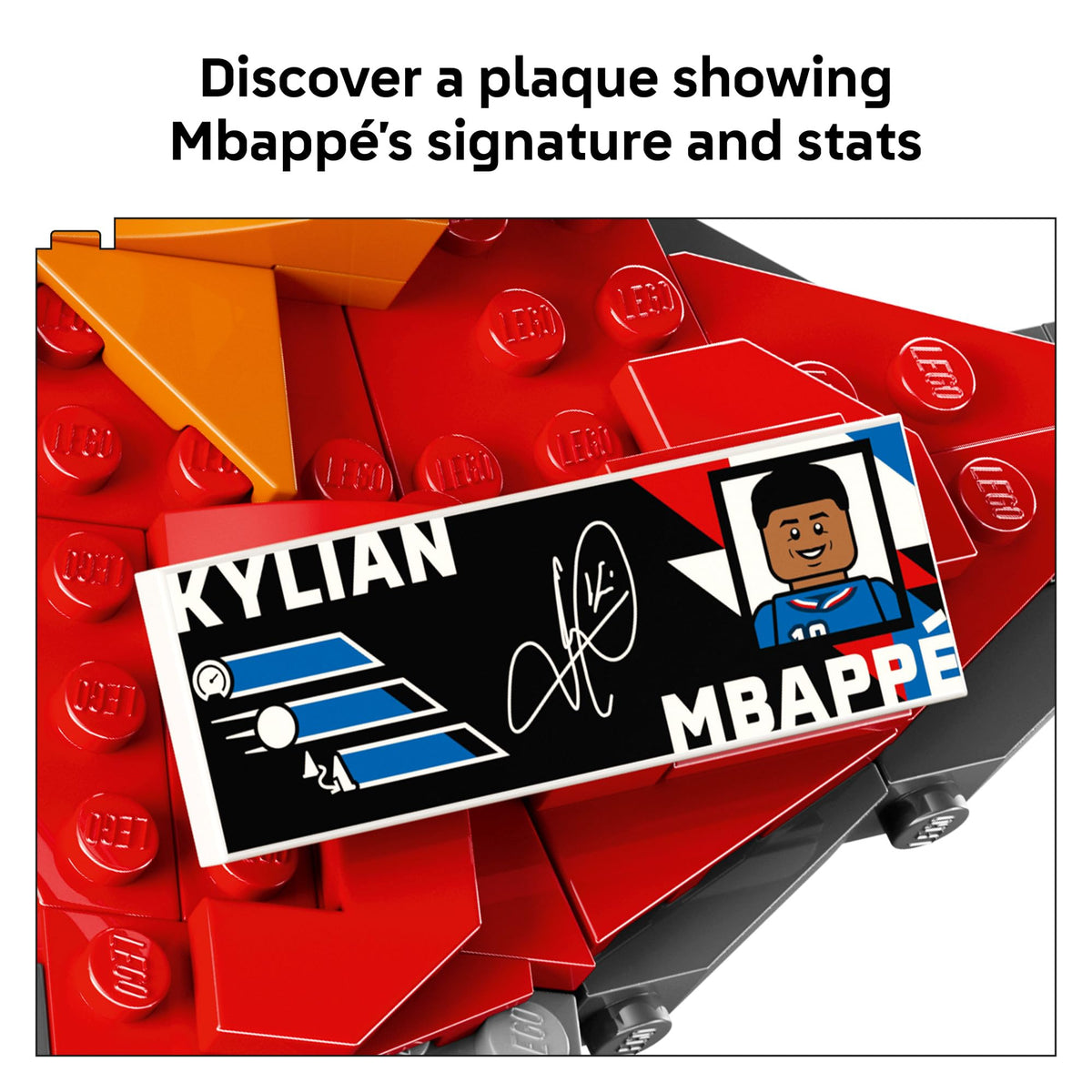 Lego Editions Kylian Mbappé collectible plaque shows stats and signature.
