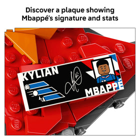 Lego Editions Kylian Mbappé collectible plaque shows stats and signature.