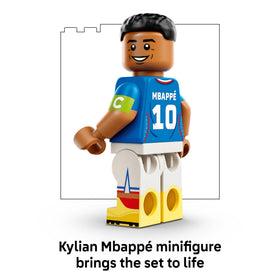 Lego Editions Kylian Mbappé goal-scoring pose captures on-field excitement.