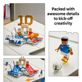 Lego Editions Kylian Mbappé minifigure adds authentic pose for dynamic display.