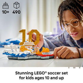 Lego Editions Kylian Mbappé number 10 figure highlights iconic jersey on shelf.
