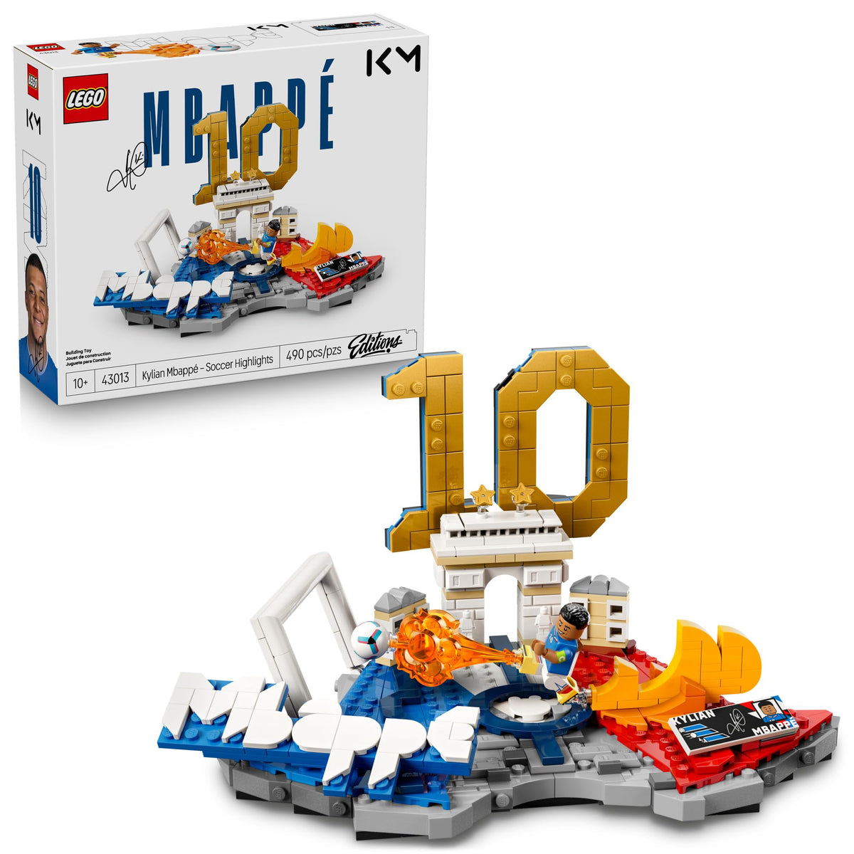 Lego Editions Kylian Mbappé base scene showing initials and team colors for display.