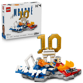 Lego Editions Kylian Mbappé base scene showing initials and team colors for display.