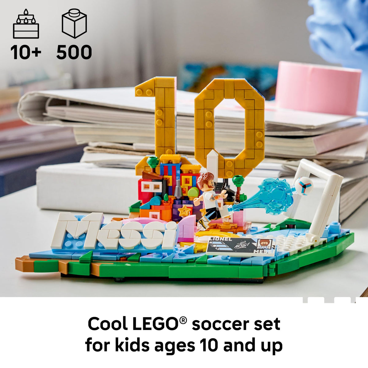 LEGO Lionel Messi Argentina colors backdrop enhances the vivid team-inspired display.