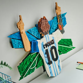 LEGO Lionel Messi jersey 10 close-up highlights iconic uniform for display.