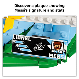 LEGO Lionel Messi soccer net grounds the scene in realism.