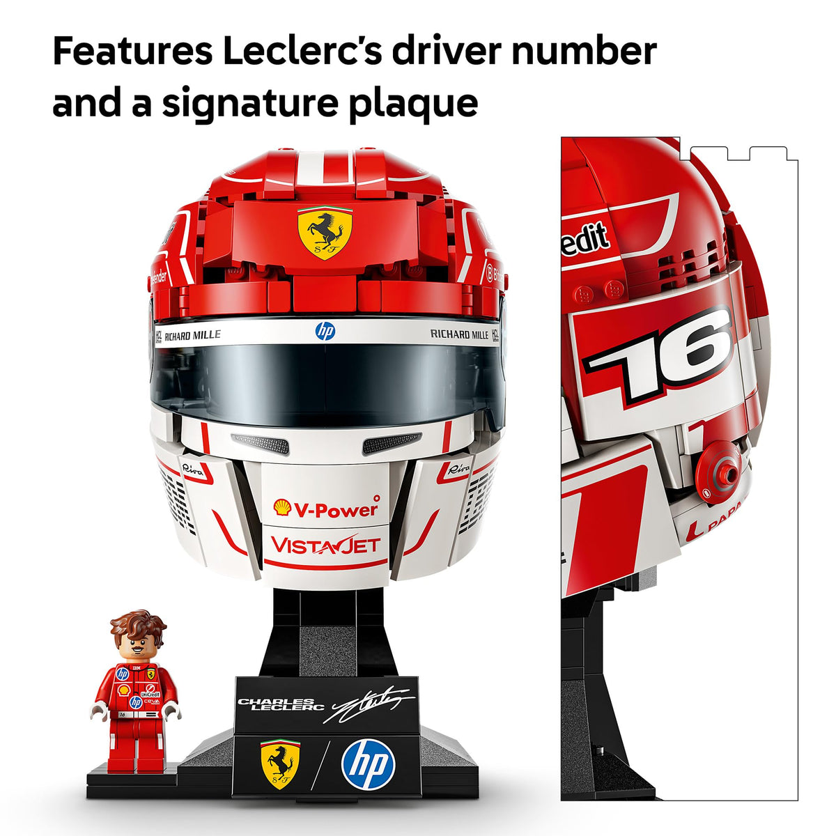 Black display stand showcasing the helmet and minifigure together.
