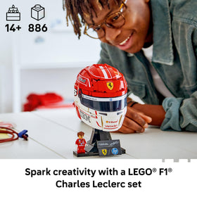 LEGO Scuderia Ferrari helmet side angle highlighting authentic F1 details.