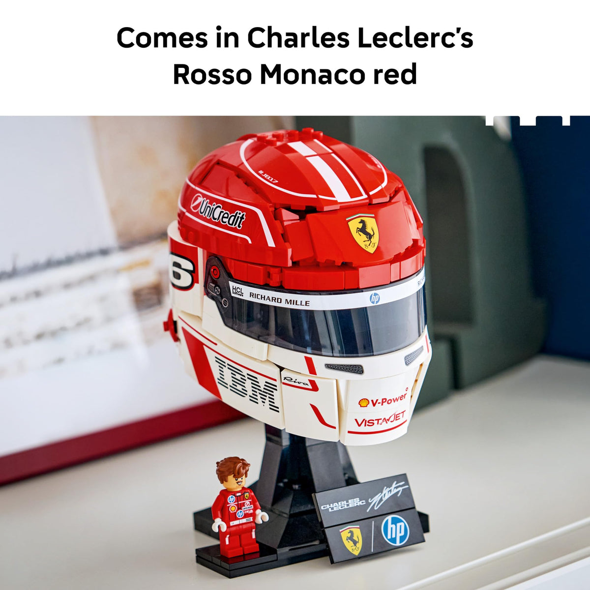 Charles Leclerc minifigure adds authentic detailing to your LEGO F1 collection.
