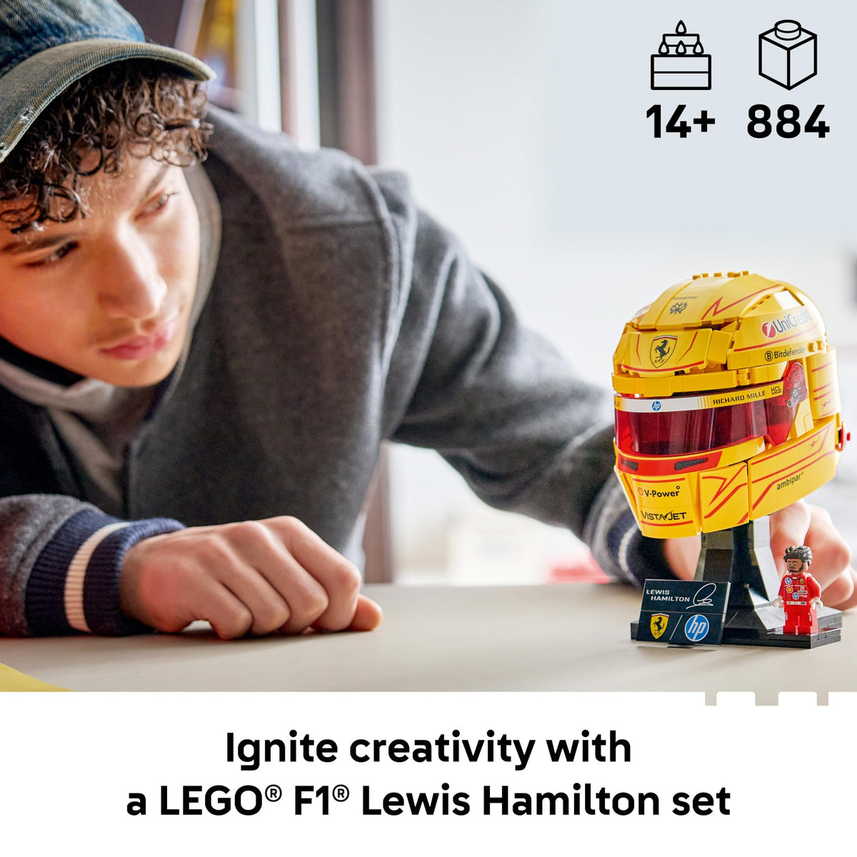 Detailed helmet decals highlighting Hamiltons racing number