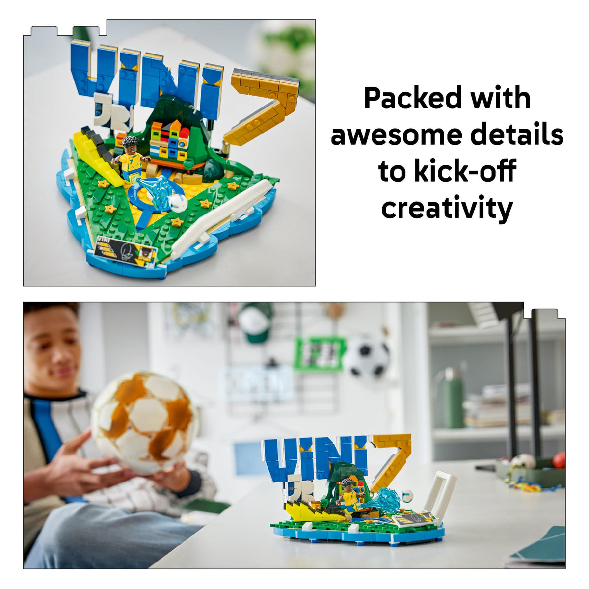 LEGO Editions Vini Jr minifigure in goal-scoring pose adds dynamic display.