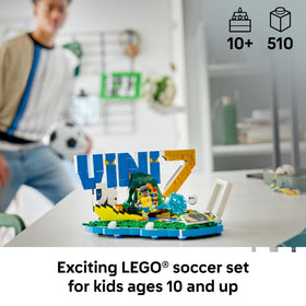 LEGO Editions Vini Jr collectible plaque with stats and signature enhances shelf decor.