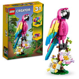 LEGO Exotic Pink Parrot perched pose enhances imaginative play and display in a kid's room.
