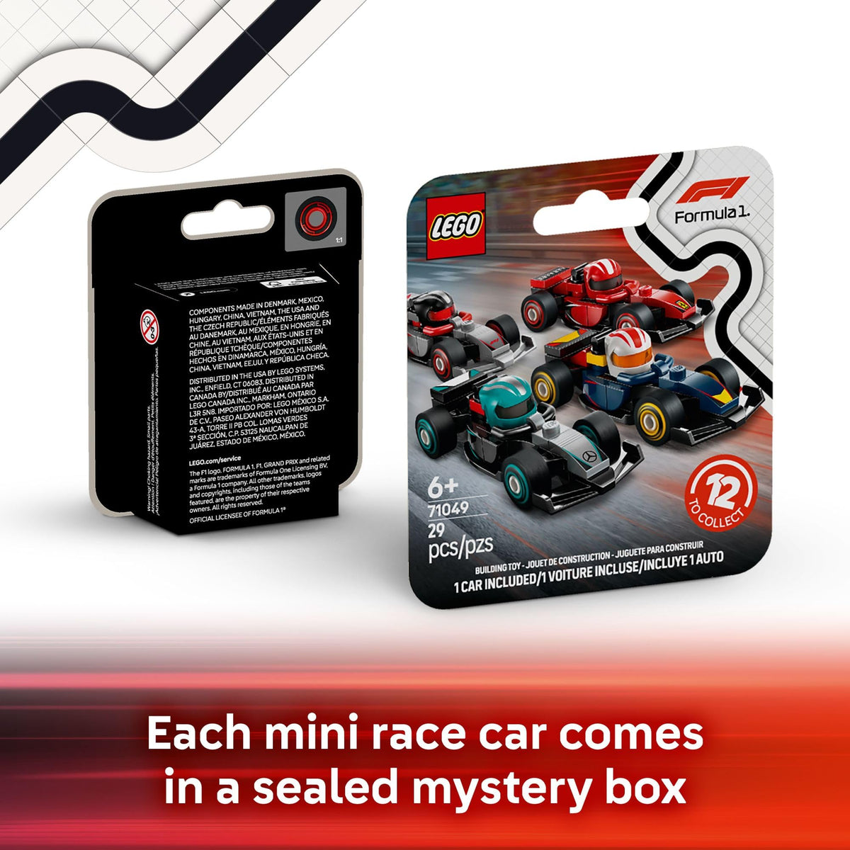 LEGO F1 6-pack box-open reveal enhances unboxing excitement and curiosity