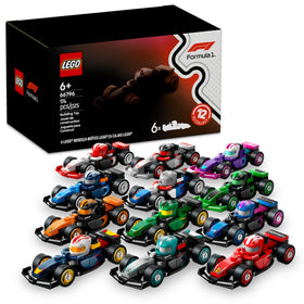 LEGO F1 6-pack front view with team colors sparks imaginative racing play