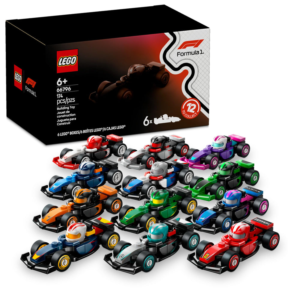 LEGO F1 6-pack front view with team colors sparks imaginative racing play