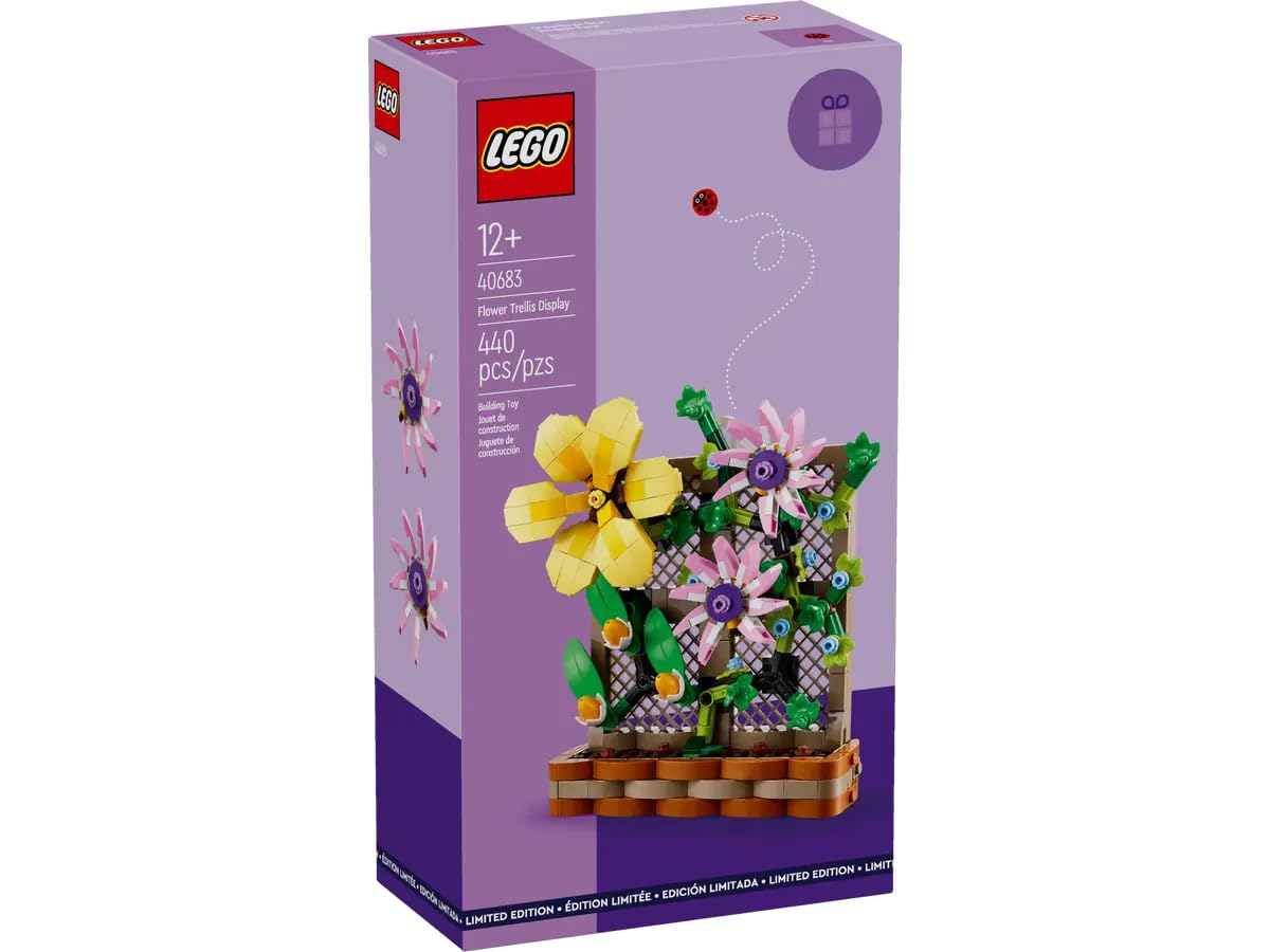 LEGO Flower Trellis Display close-up blooms in yellow pink blue petals.