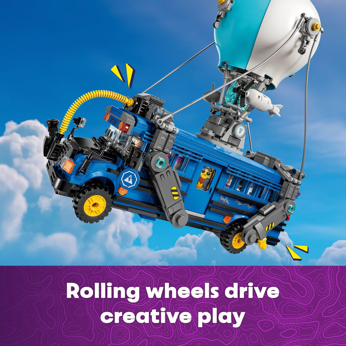 Hot-air balloon feature on the LEGO Fortnite Battle Bus adds authentic vibes.