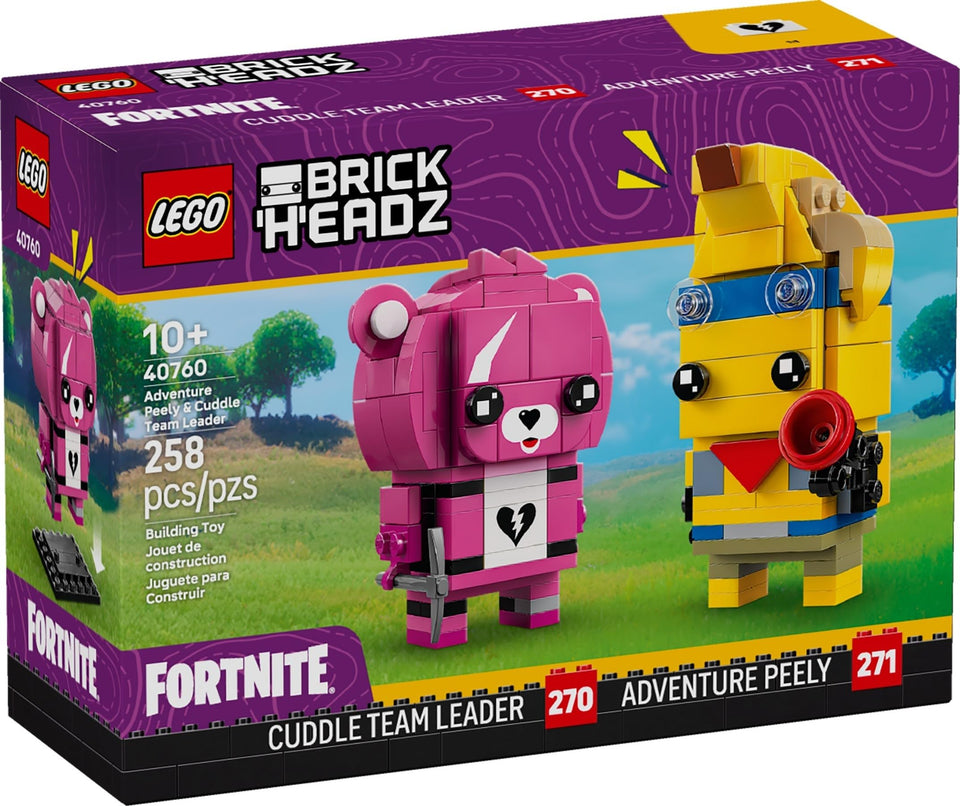 LEGO Fortnite BrickHeadz Adventure Peely and Cuddle Team Leader for collectible display.