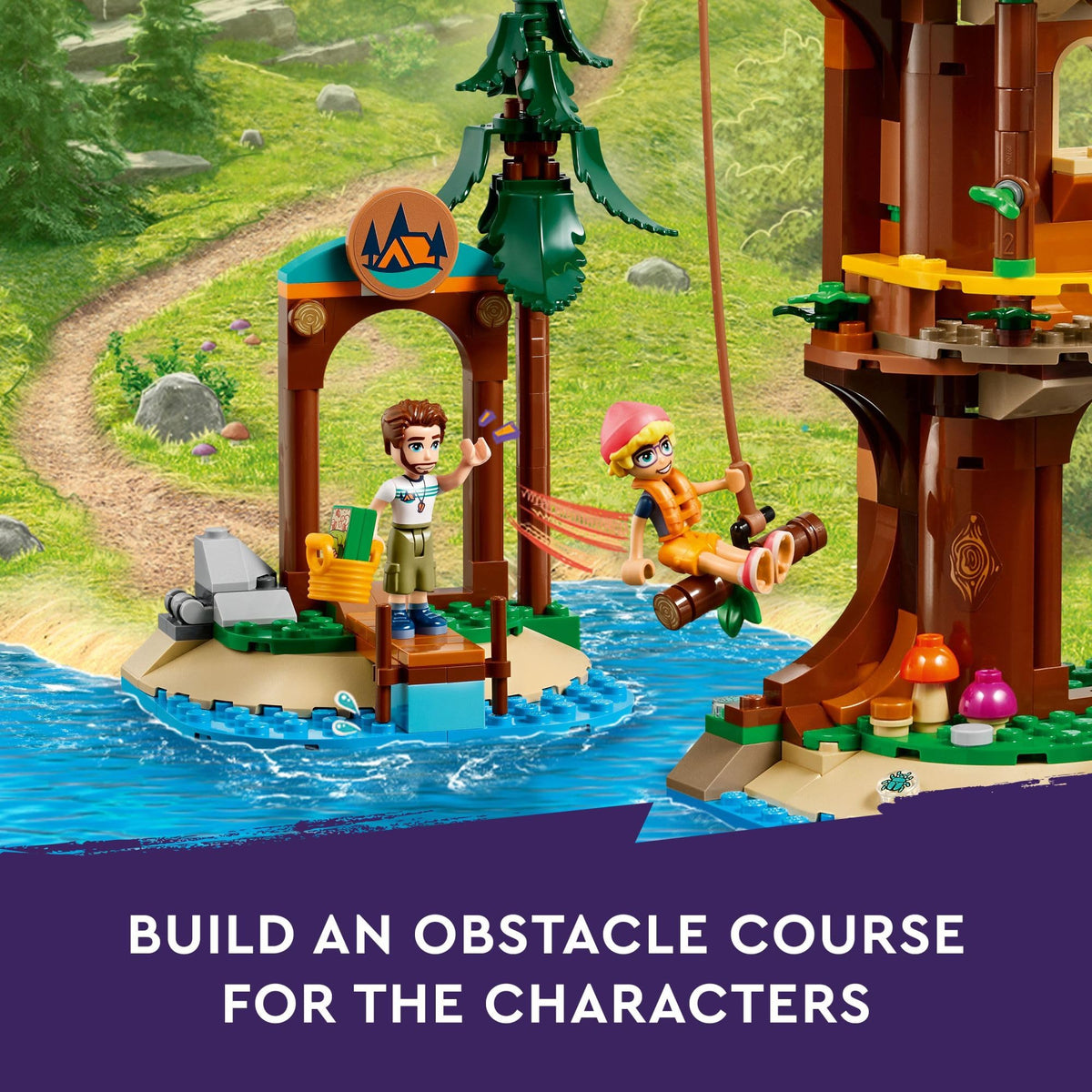 LEGO Friends Adventure Camp Tree House canoe scene encourages outdoor exploration and teamwork