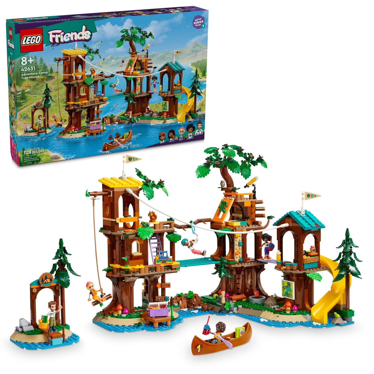 LEGO Friends Adventure Camp Tree House front view shows five mini dolls for imaginative play