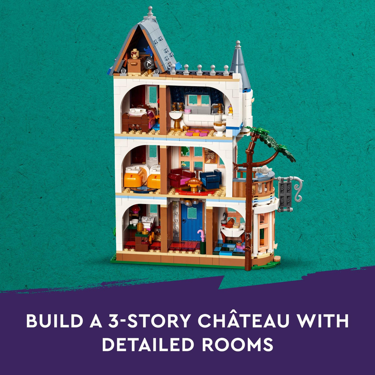 LEGO Friends Castle Bed and Breakfast second-floor bedroom for quiet storytelling.