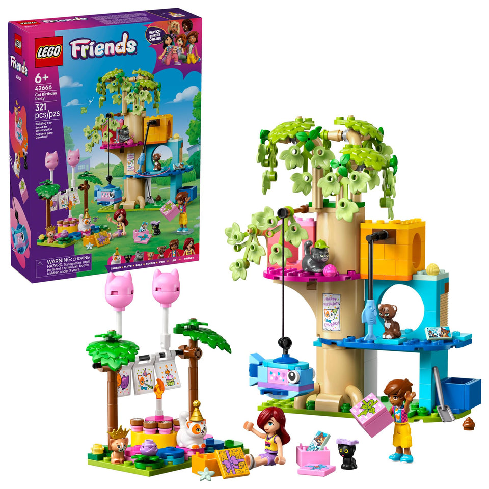 LEGO Friends Cat Birthday Party & Tree House cake with candles for imaginative play