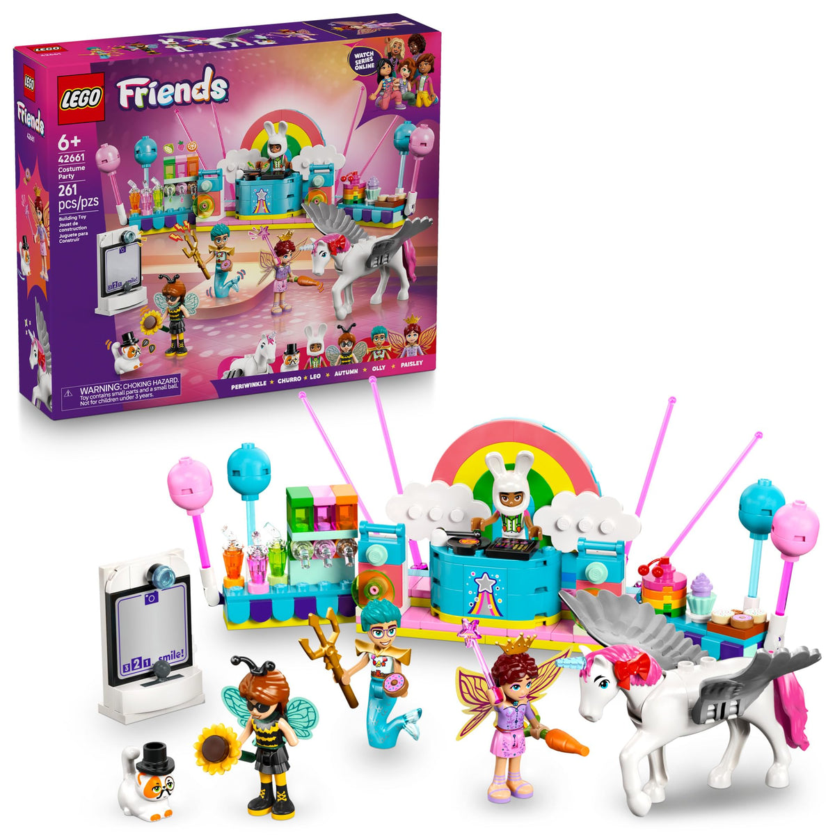 LEGO Friends Costume Party unicorn transformation enables imaginative storytelling during pretend play.