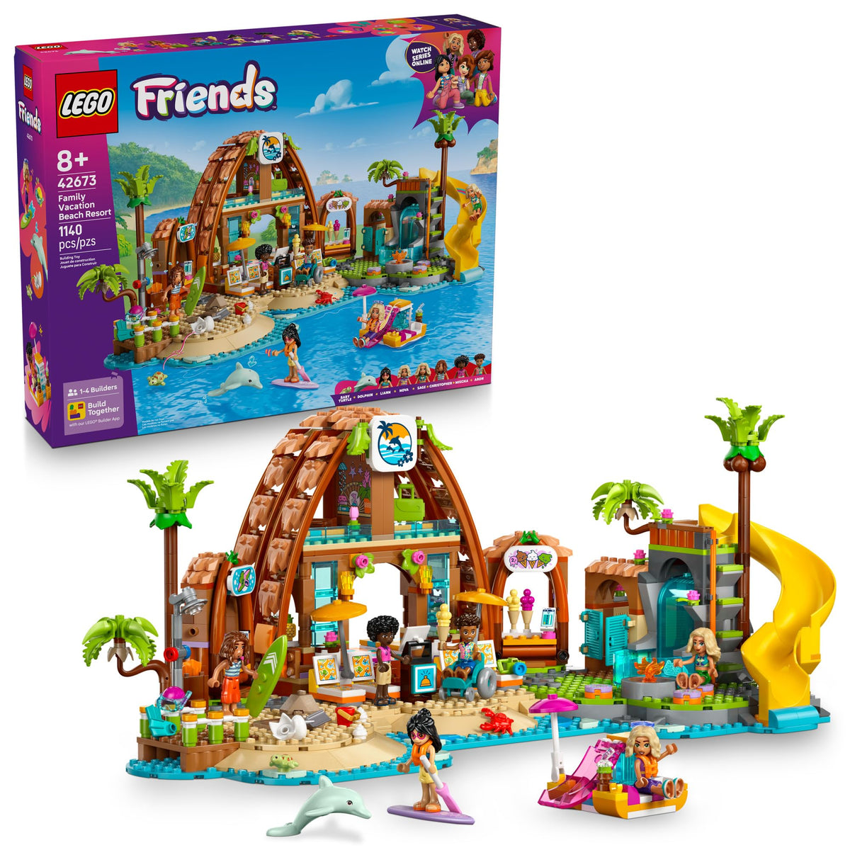 LEGO Friends Beach Resort with dolphin figure sparks imaginative seaside play.