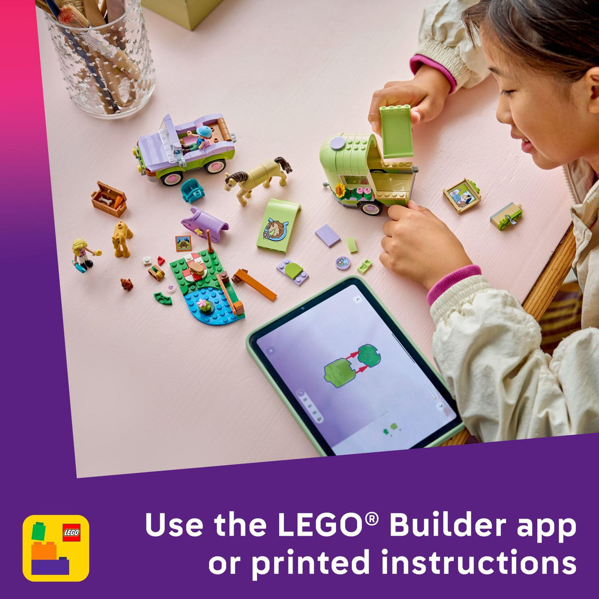 LEGO Friends fence jump adds action-packed jumping play.