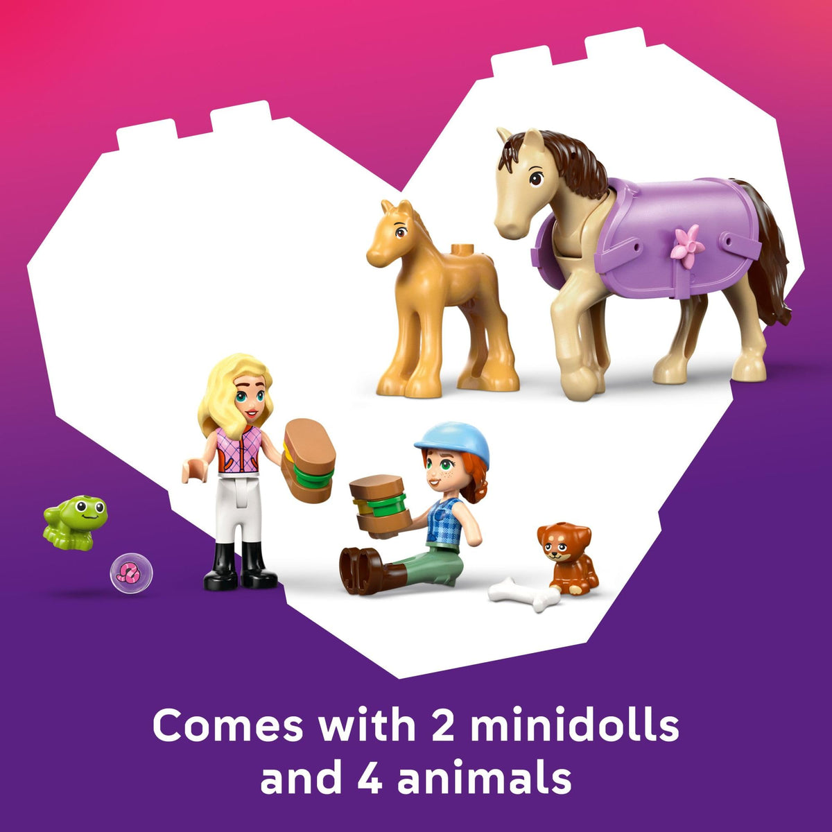 LEGO Friends grooming tools like brush and carrots for realistic care.